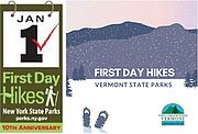Collage of two graphics advertising First Day Hikes from NY Parks and Rec and VT Parks and Rec.