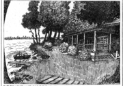 Built on the Chazy shore in 1913 by George and Eliza Hubbell, the "Big House" is the largest Adirondack style "shed" in New York. Graphic from Pete and Jane Hubbell.