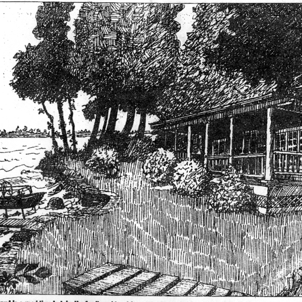 Built on the Chazy shore in 1913 by George and Eliza Hubbell, the "Big House" is the largest Adirondack style "shed" in New York. Graphic from Pete and Jane Hubbell.