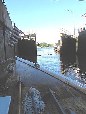 Champlain Canal Lock 12 in Whitehall opens up to the lake releasing its water and anything else in the water to the lake. Photo by Lori Fisher.