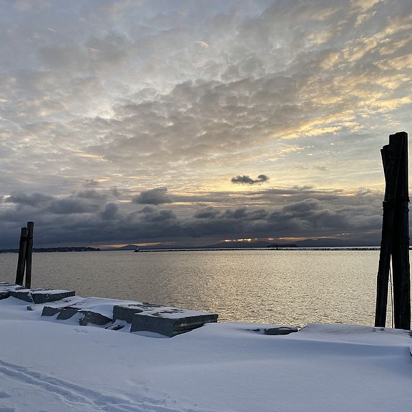 Winter sunrise at Perkins Pier in Burlington, Vermont.
